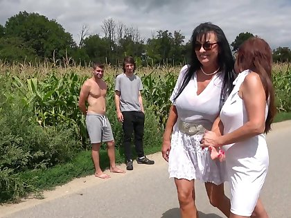 Horny matures Emily Devine and Lilian Negro get fucked outdoors